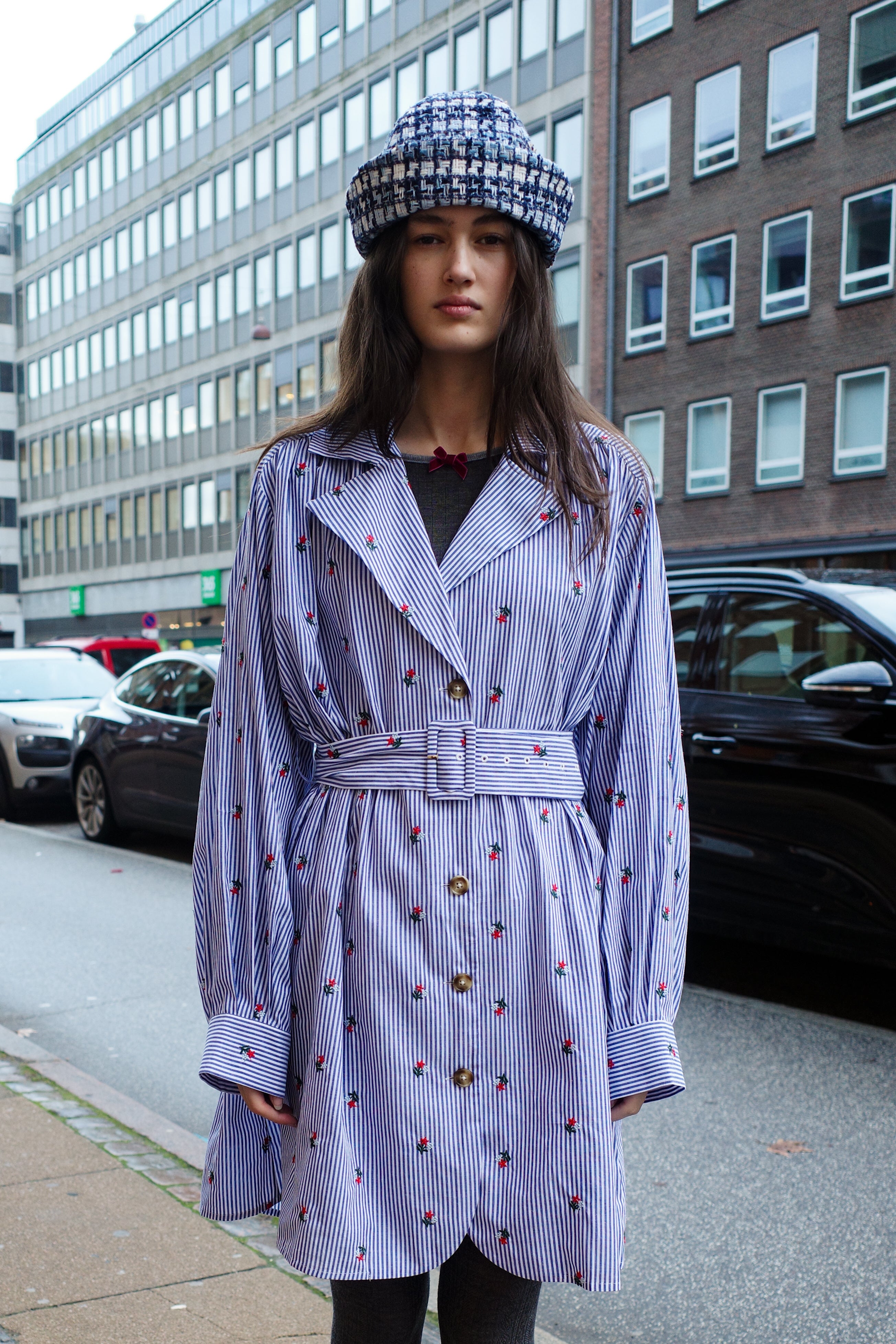 Bonsai Dress - Blue White Stripe w. Flower