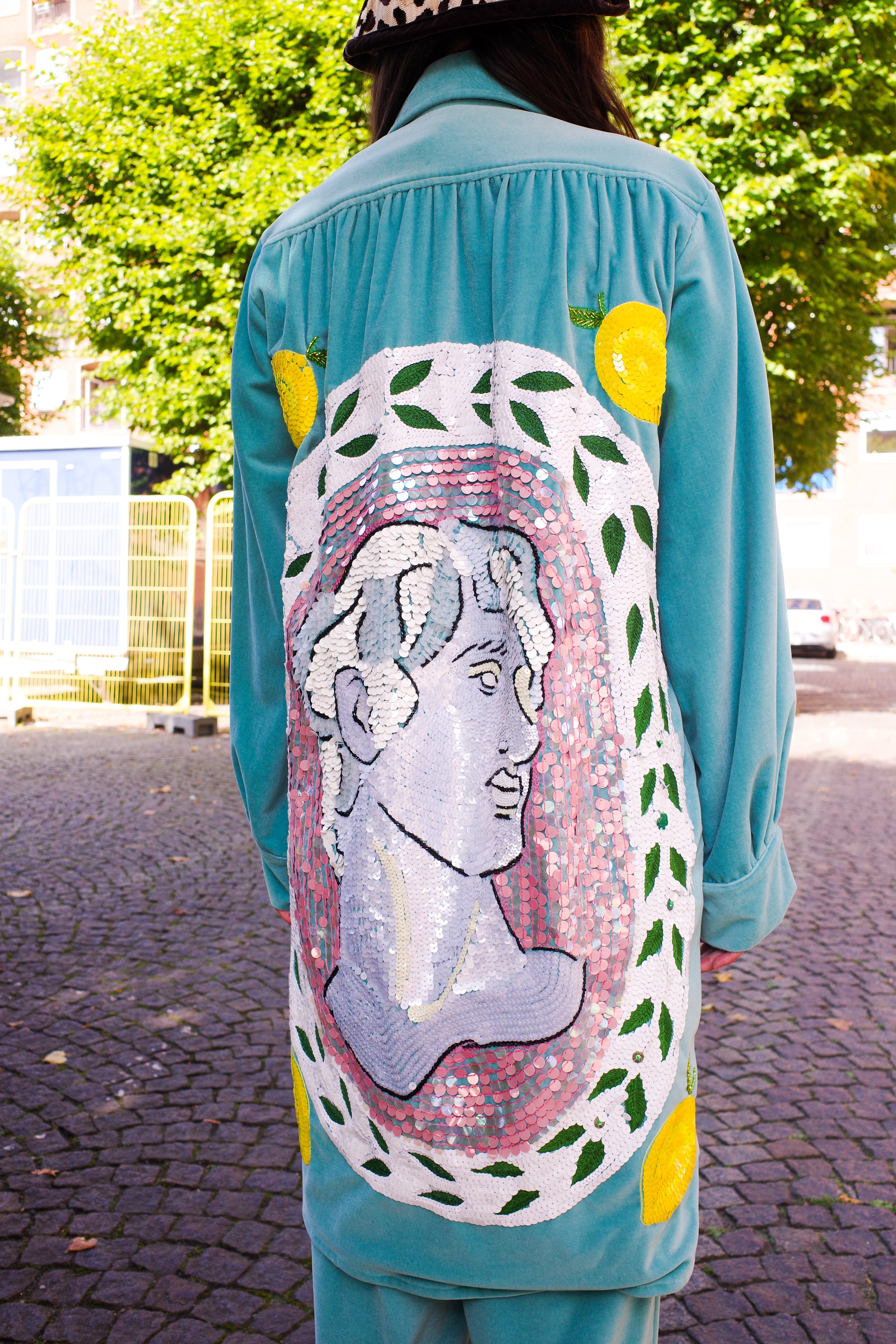 Gaia Coat - Turquoise Velvet with Greek Statue