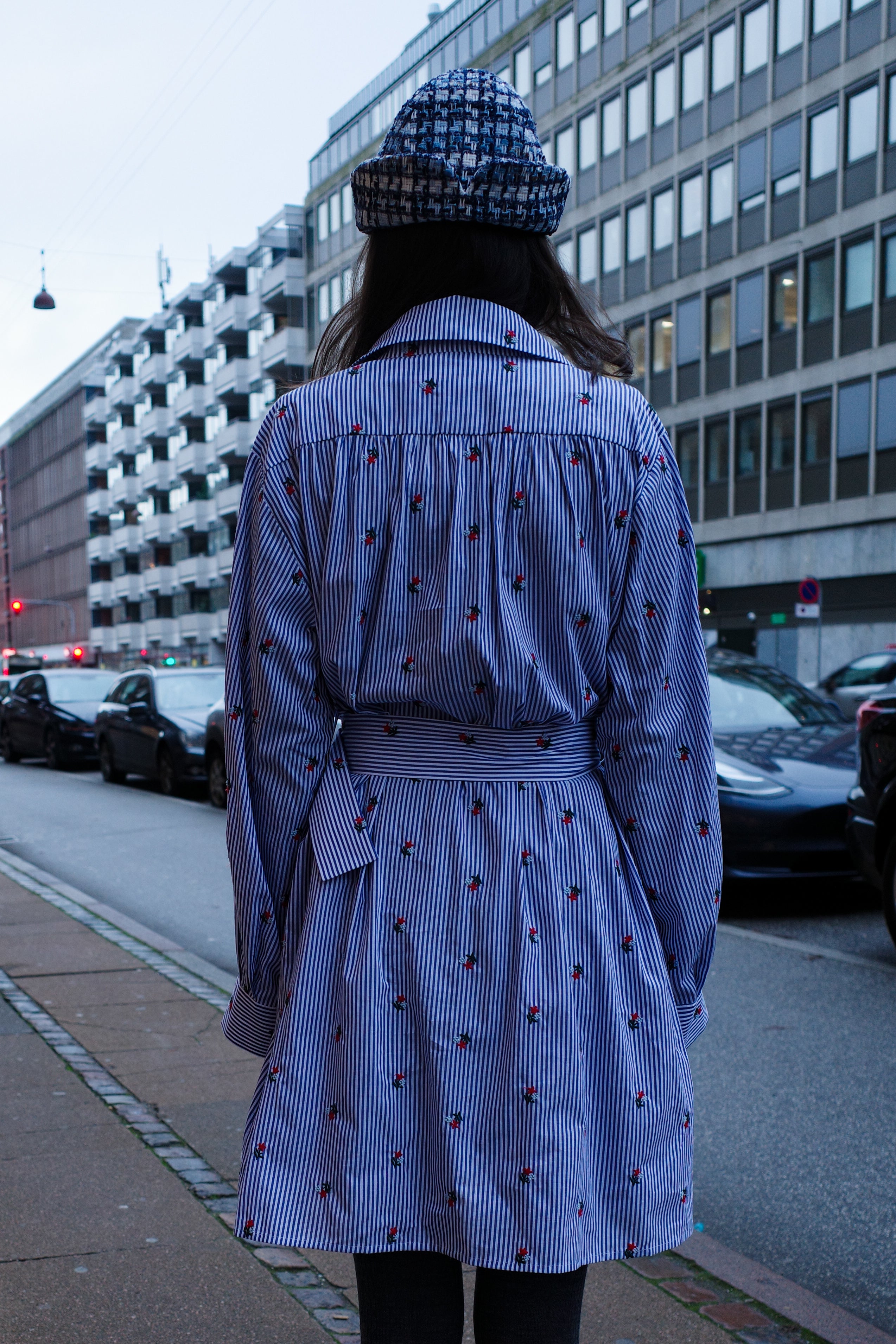 Bonsai Dress - Blue White Stripe w. Flower