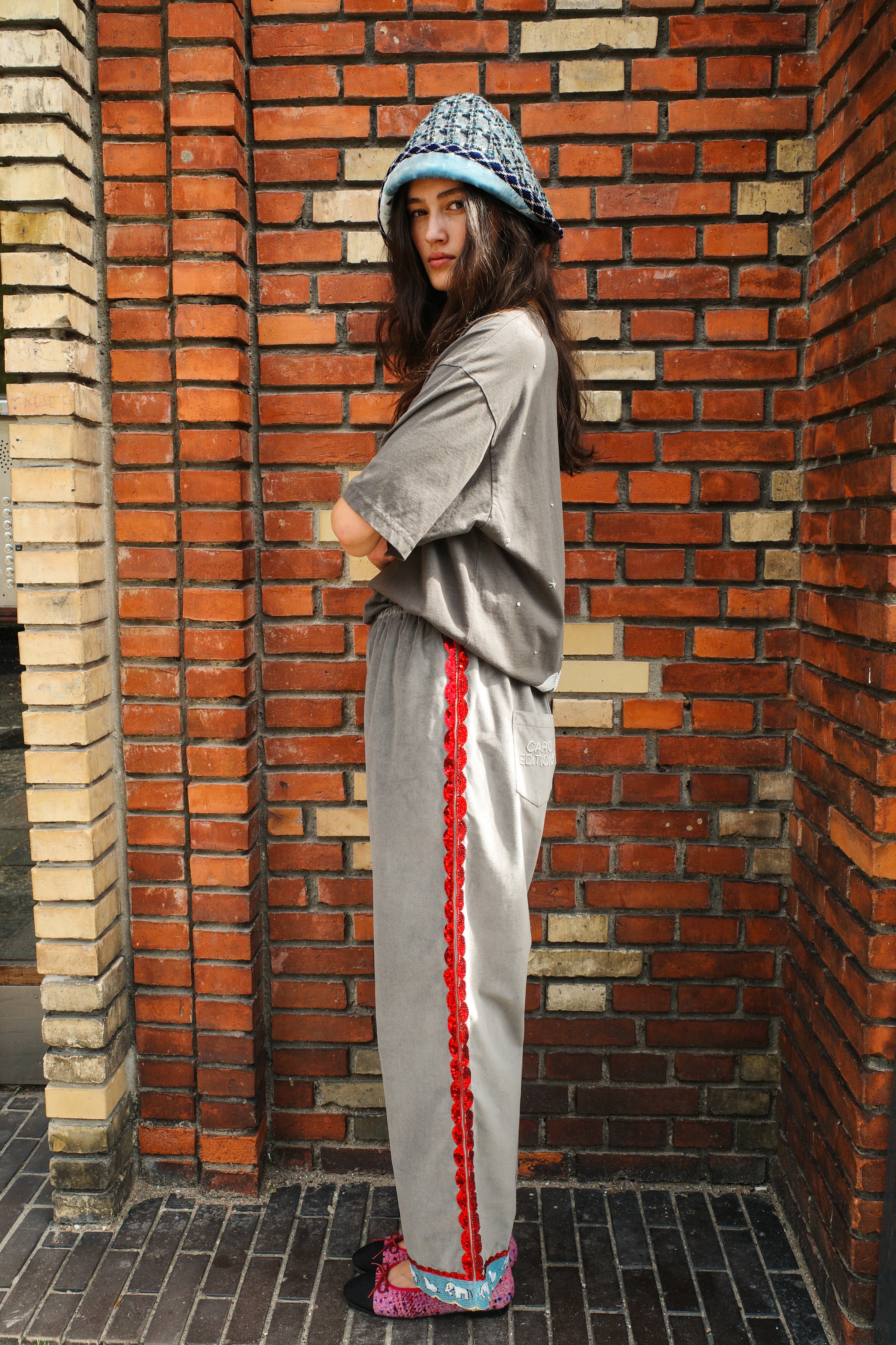 Coco Pants - Grey Velvet with Red Details