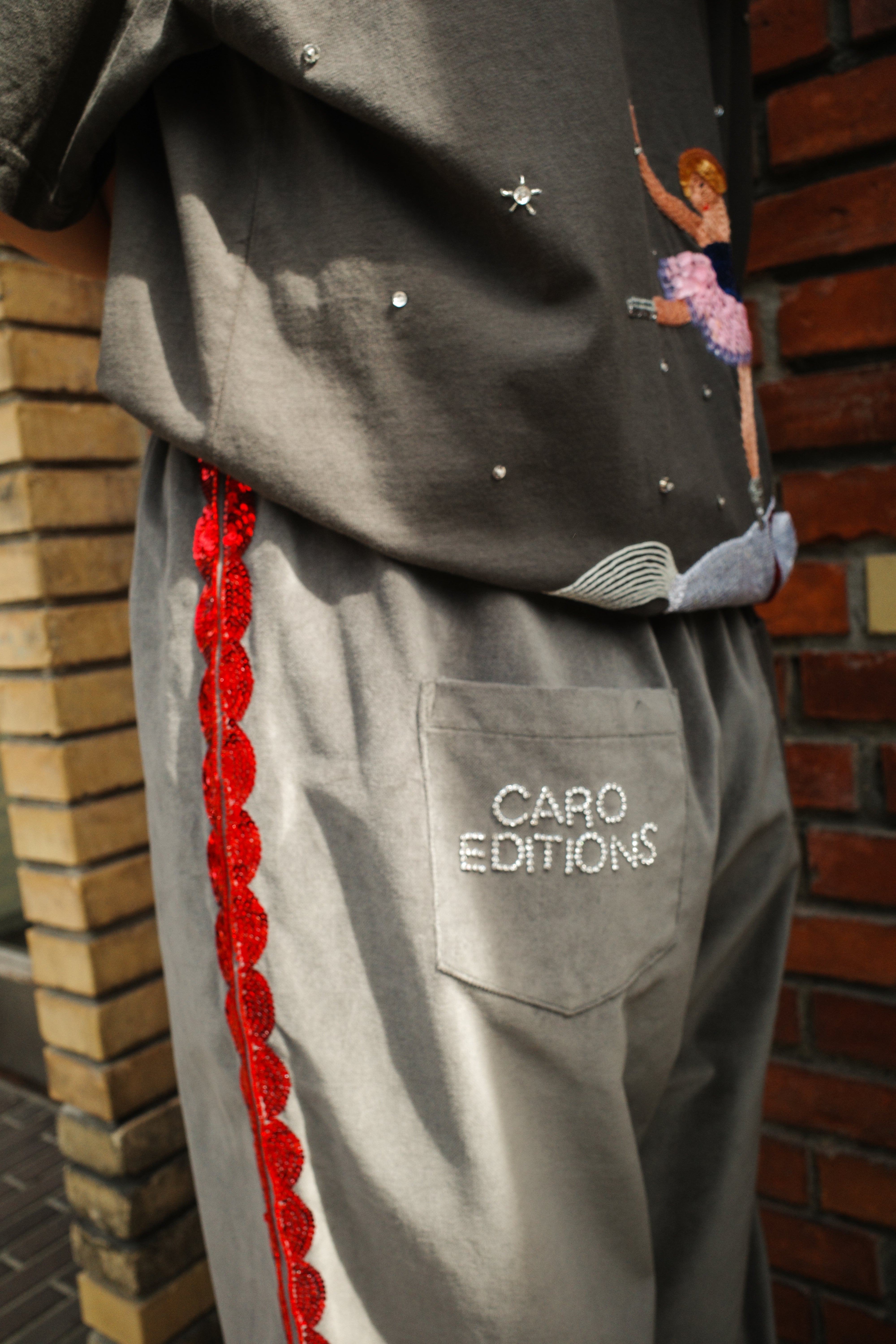 Coco Pants - Grey Velvet with Red Details