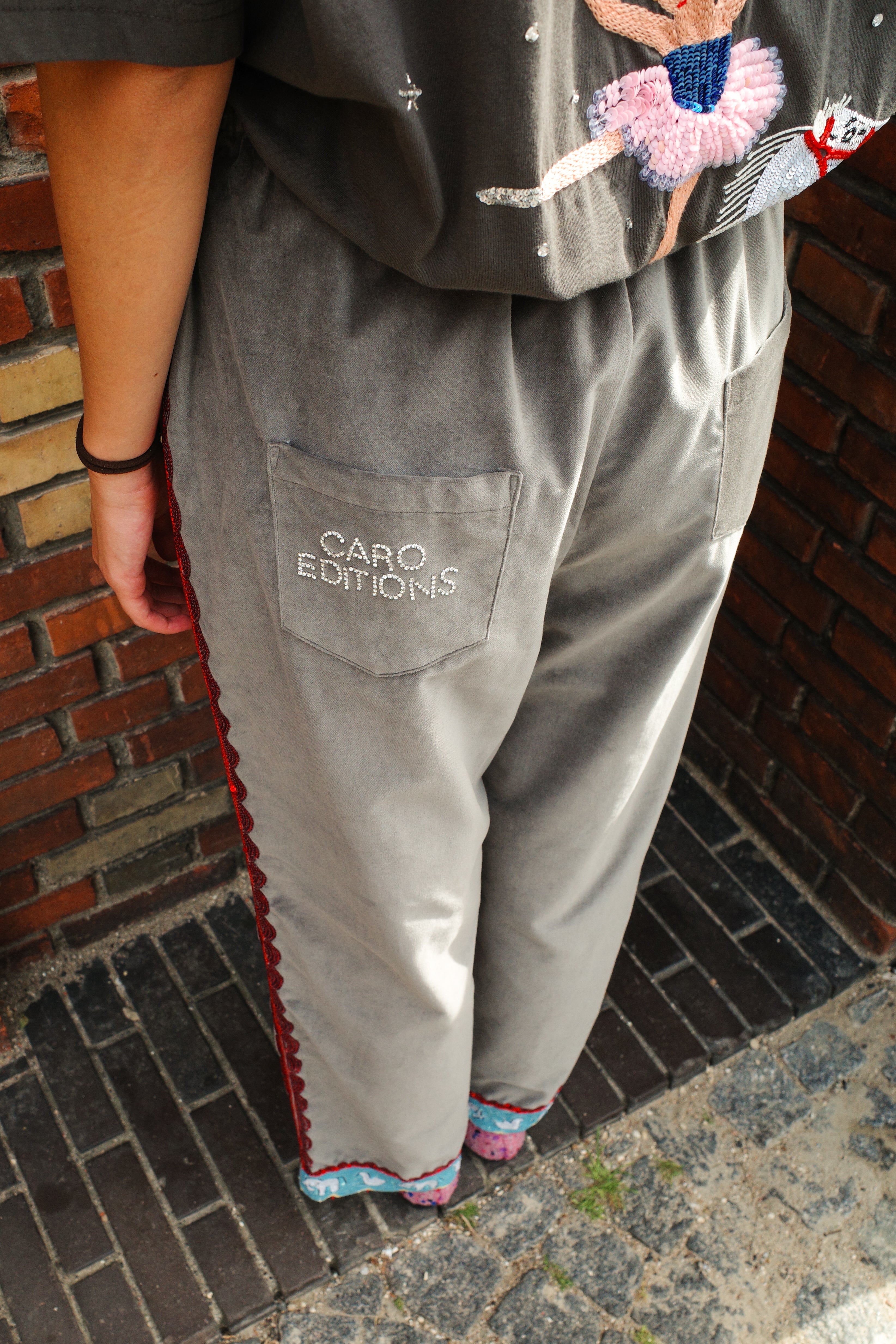 Coco Pants - Grey Velvet with Red Details