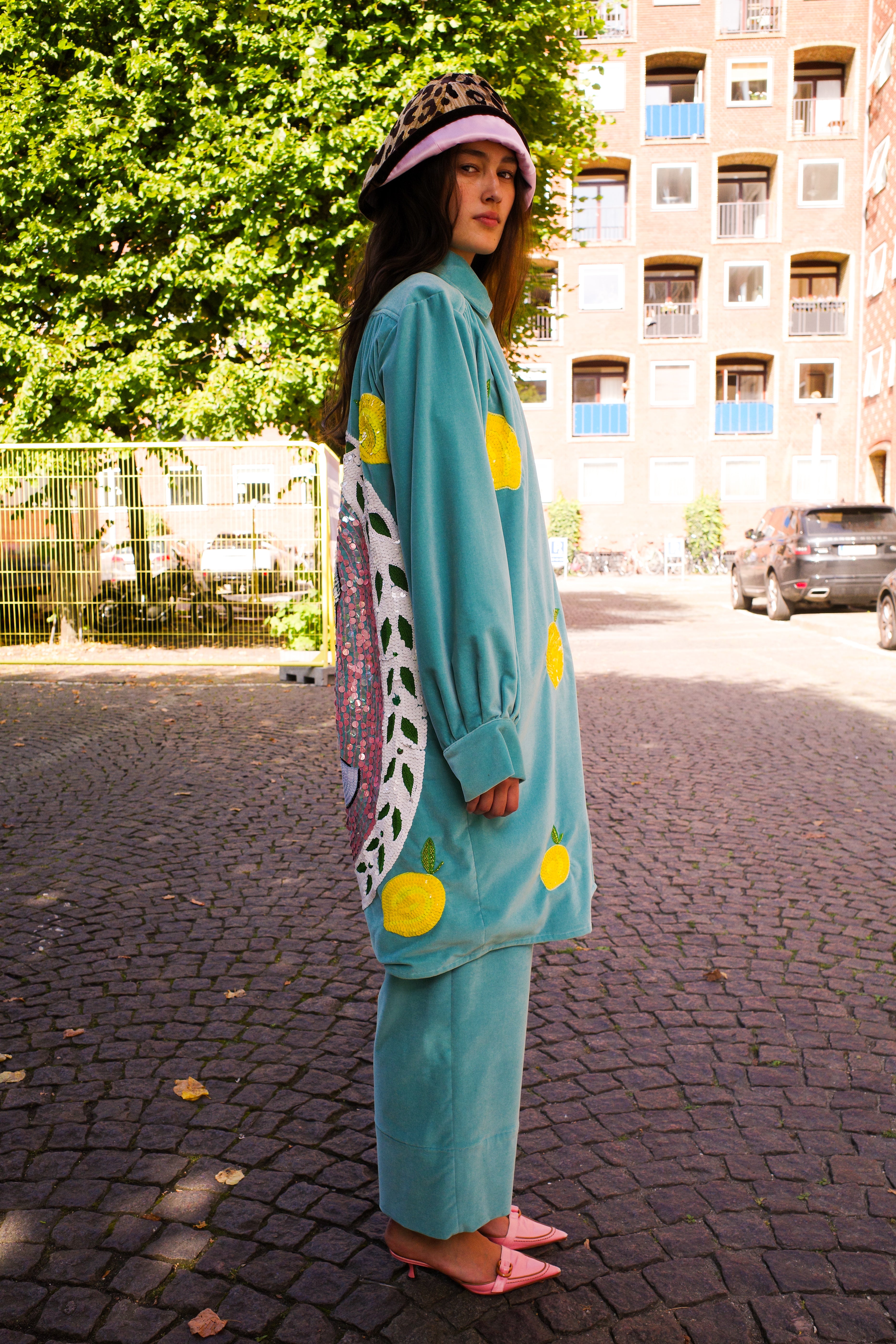 Gaia Coat - Turquoise Velvet with Greek Statue