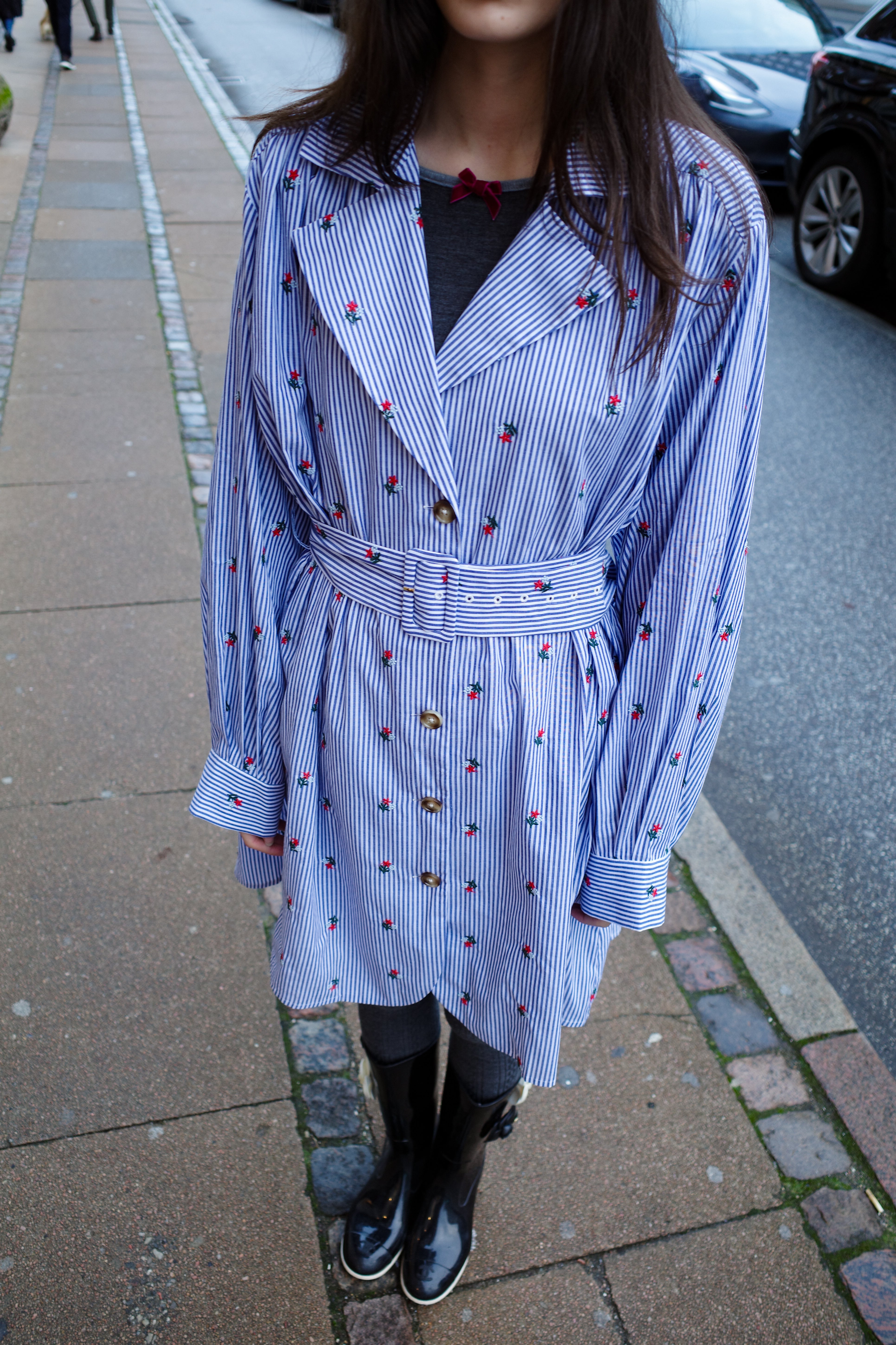 Bonsai Dress - Blue White Stripe w. Flower