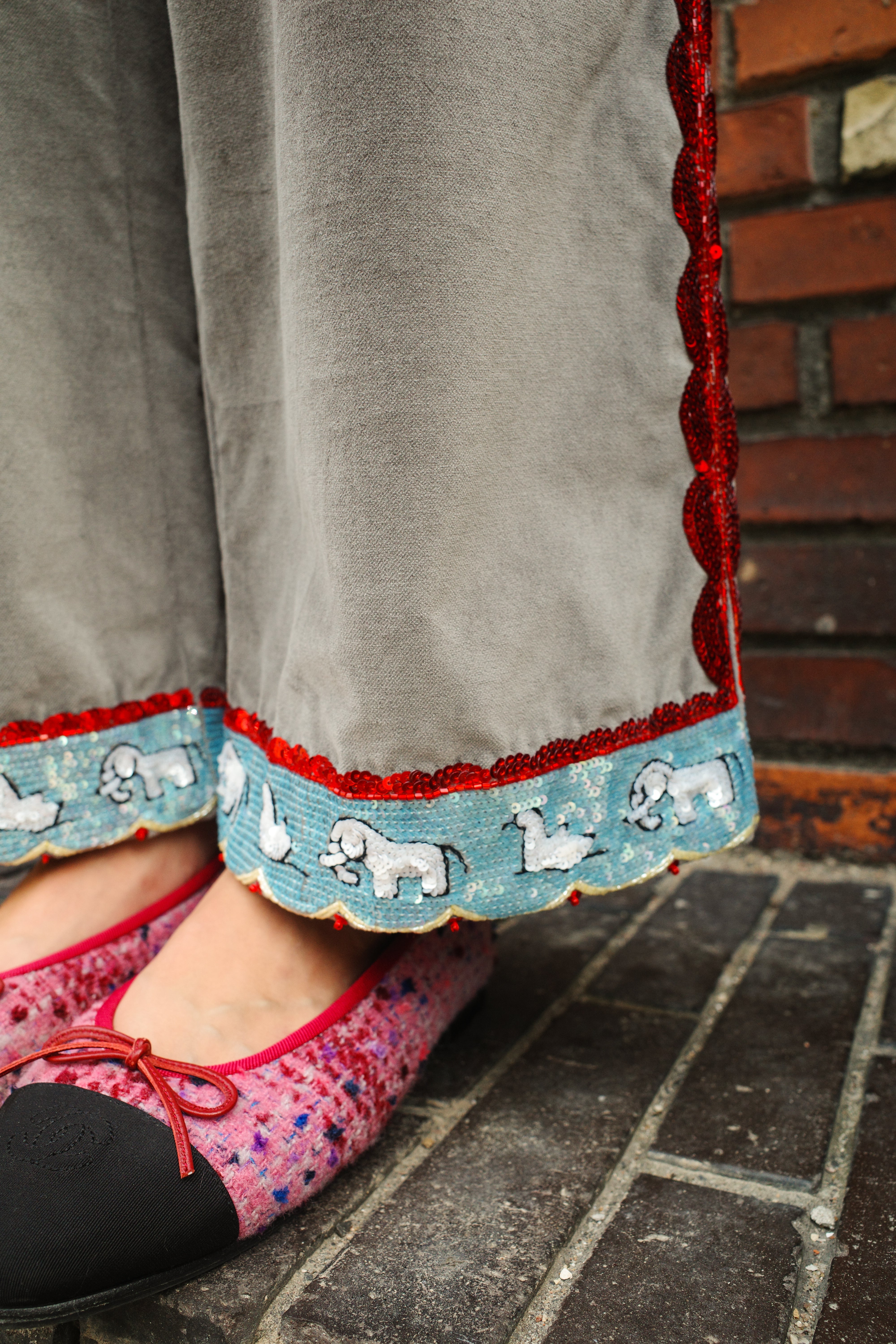 Coco Pants - Grey Velvet with Red Details