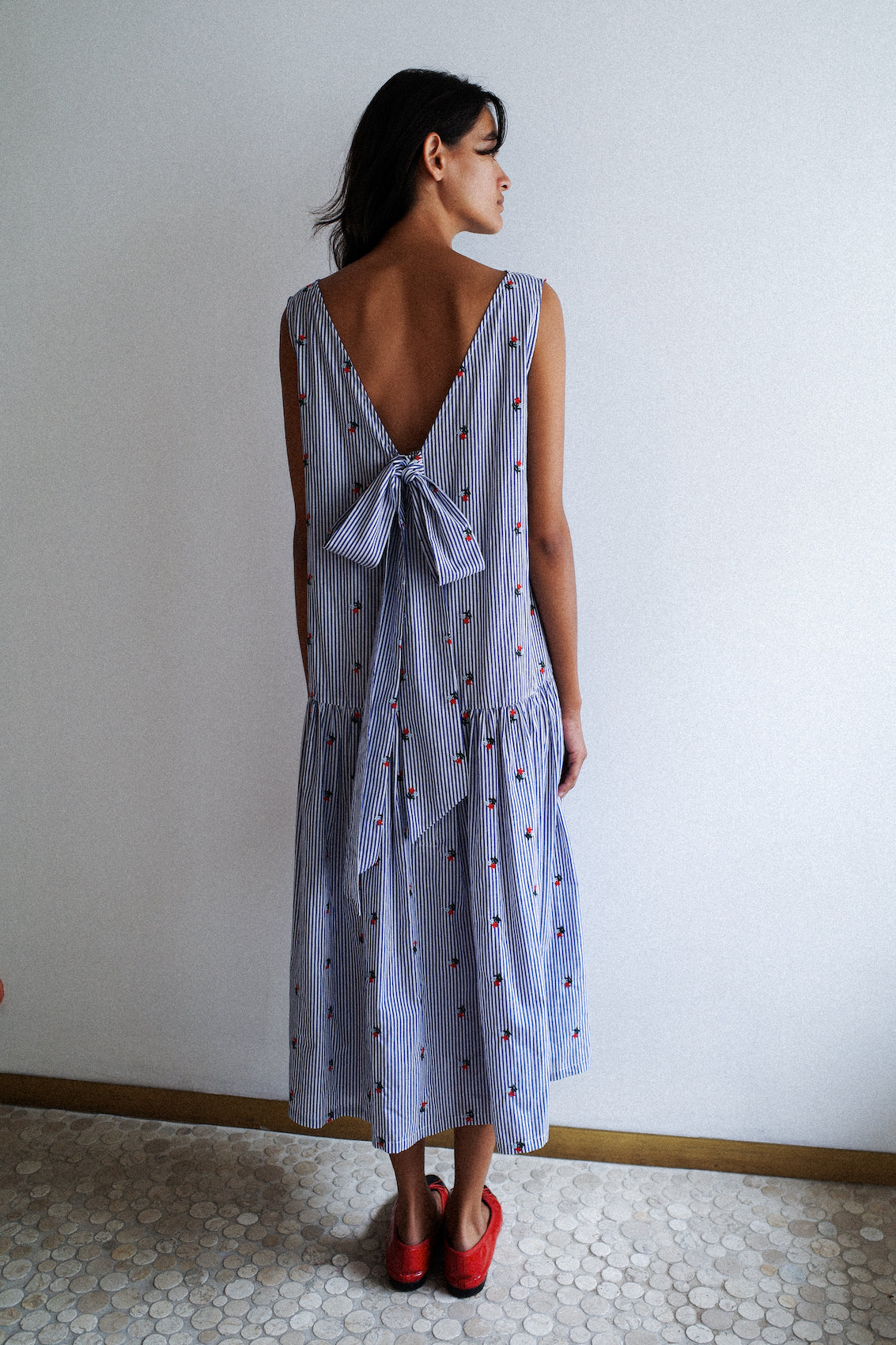 Sonya Dress - Blue White Stripe w. Flower