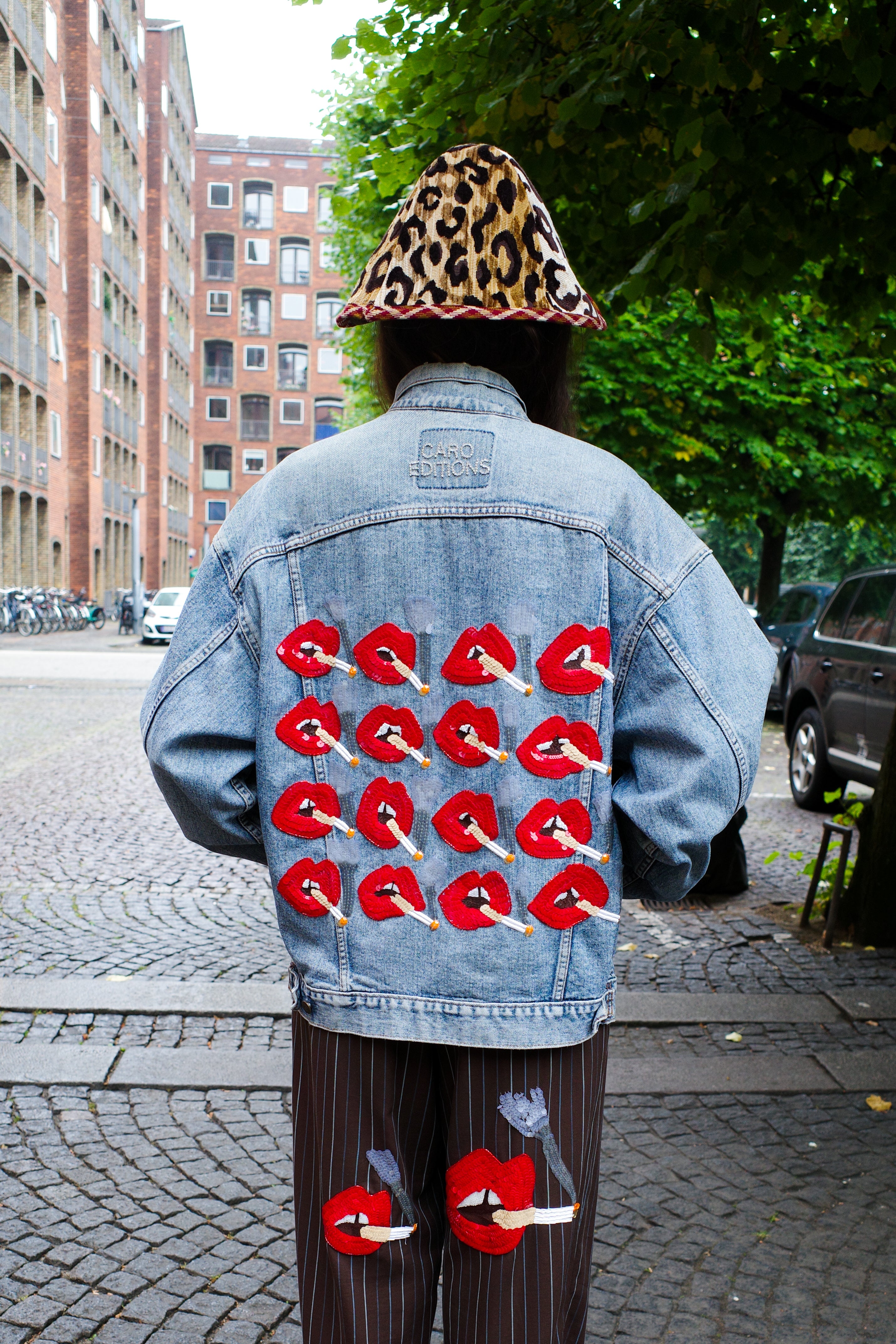 Upcycled Denim Jacket - Red Lips Smoking