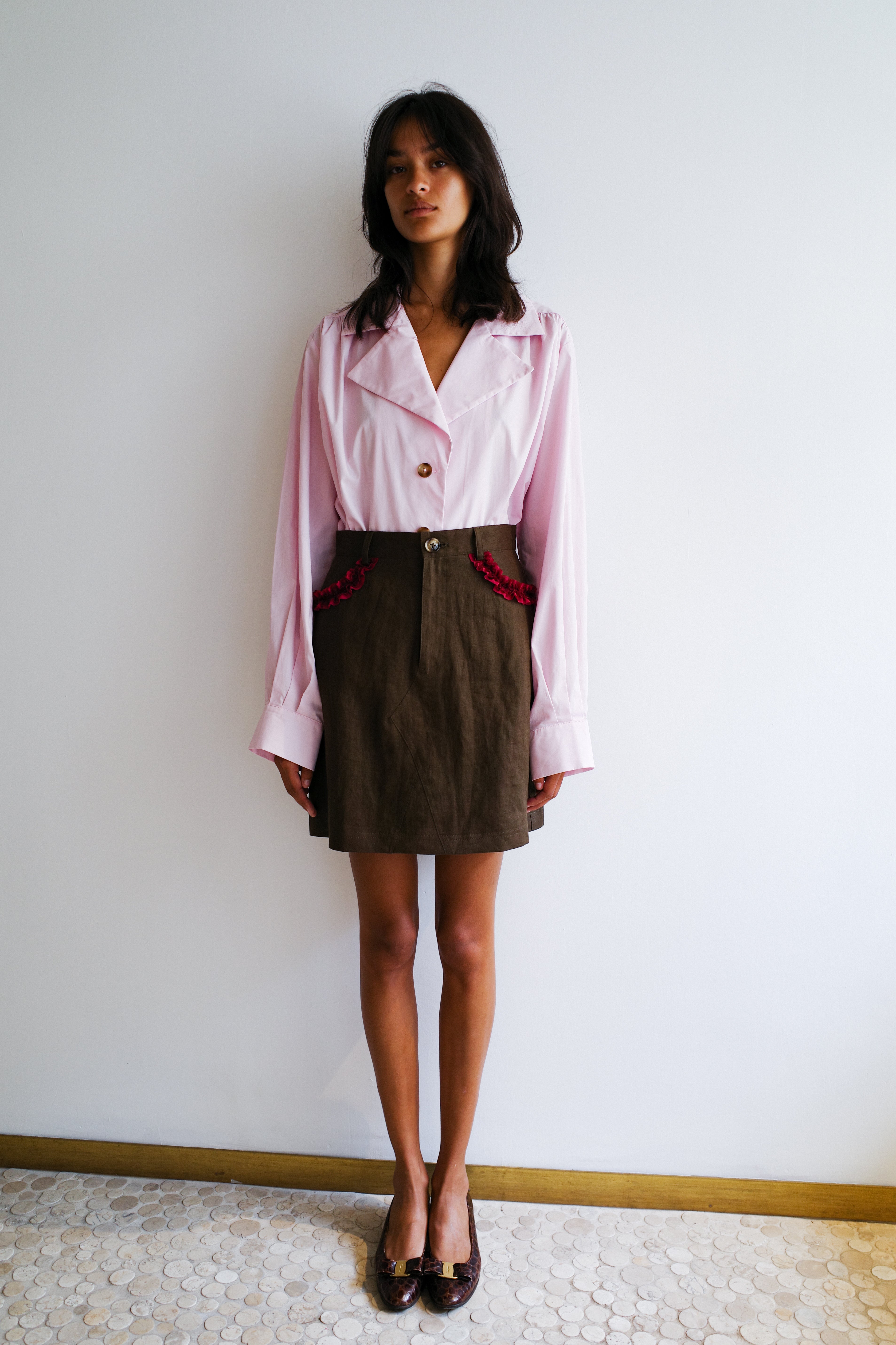 Nunu Skirt - Olive w. Fuschia ruffle