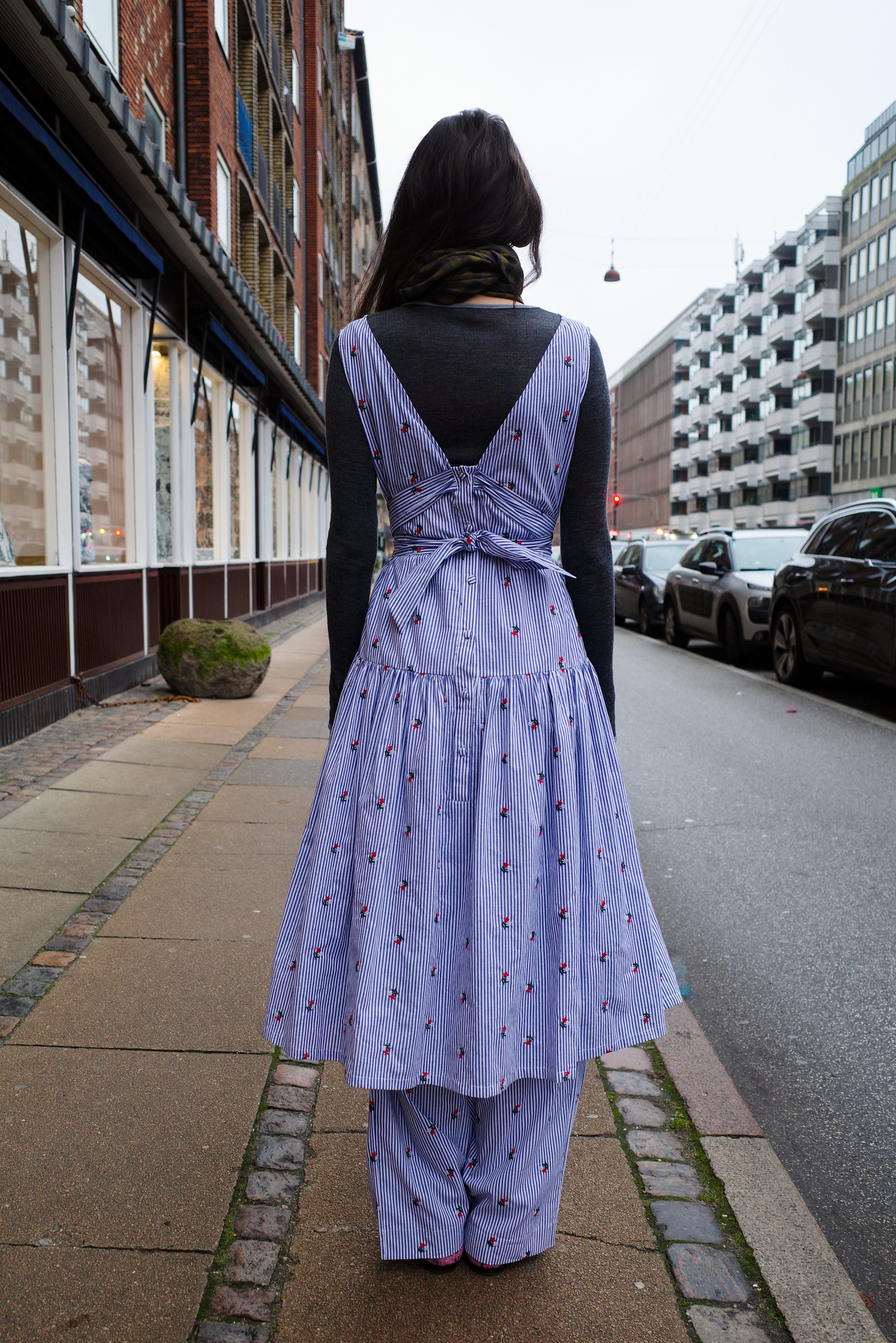 Sonya Dress - Blue White Stripe w. Flower