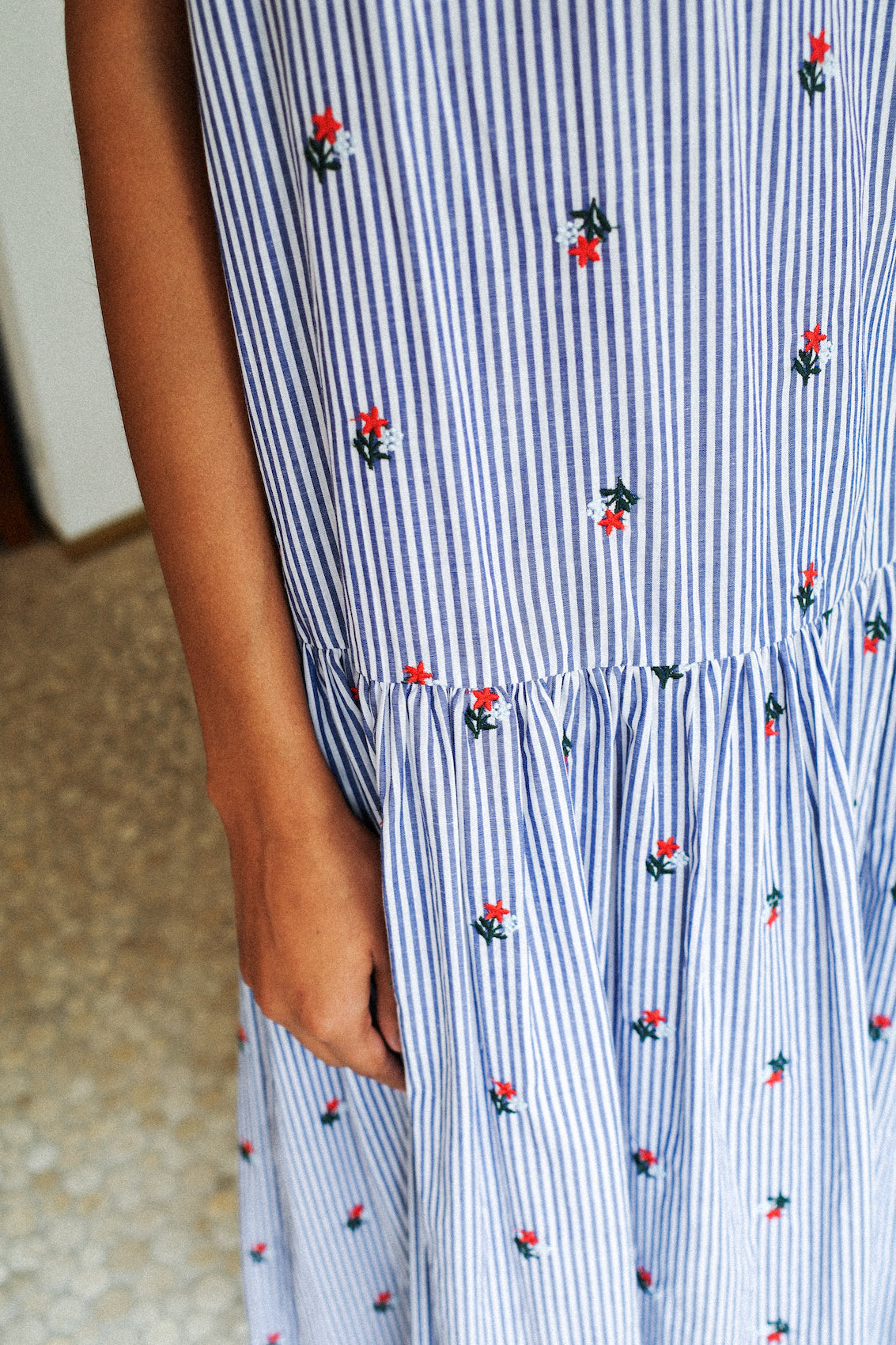 Sonya Dress - Blue White Stripe w. Flower