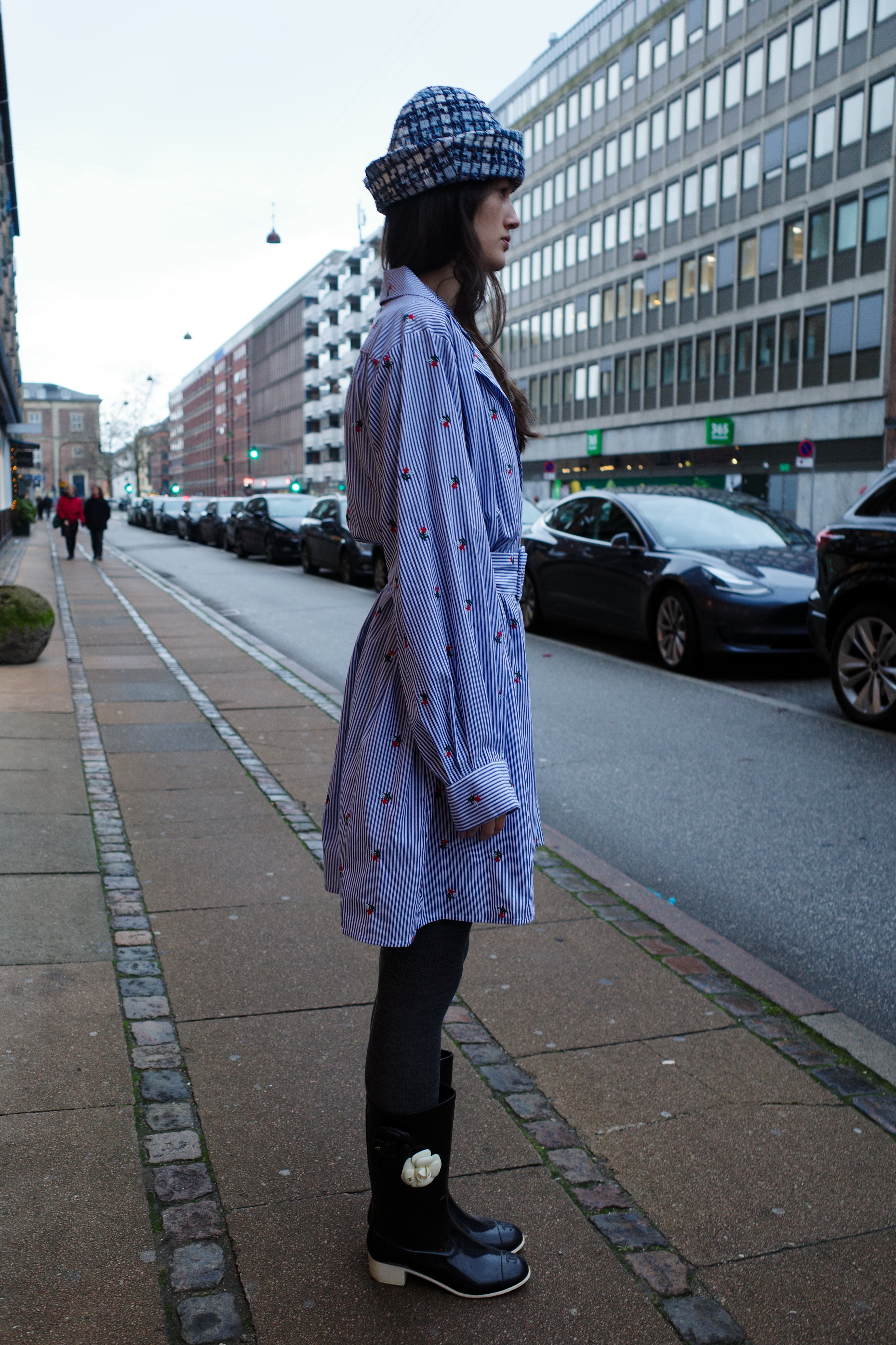 Bonsai Dress - Blue White Stripe w. Flower