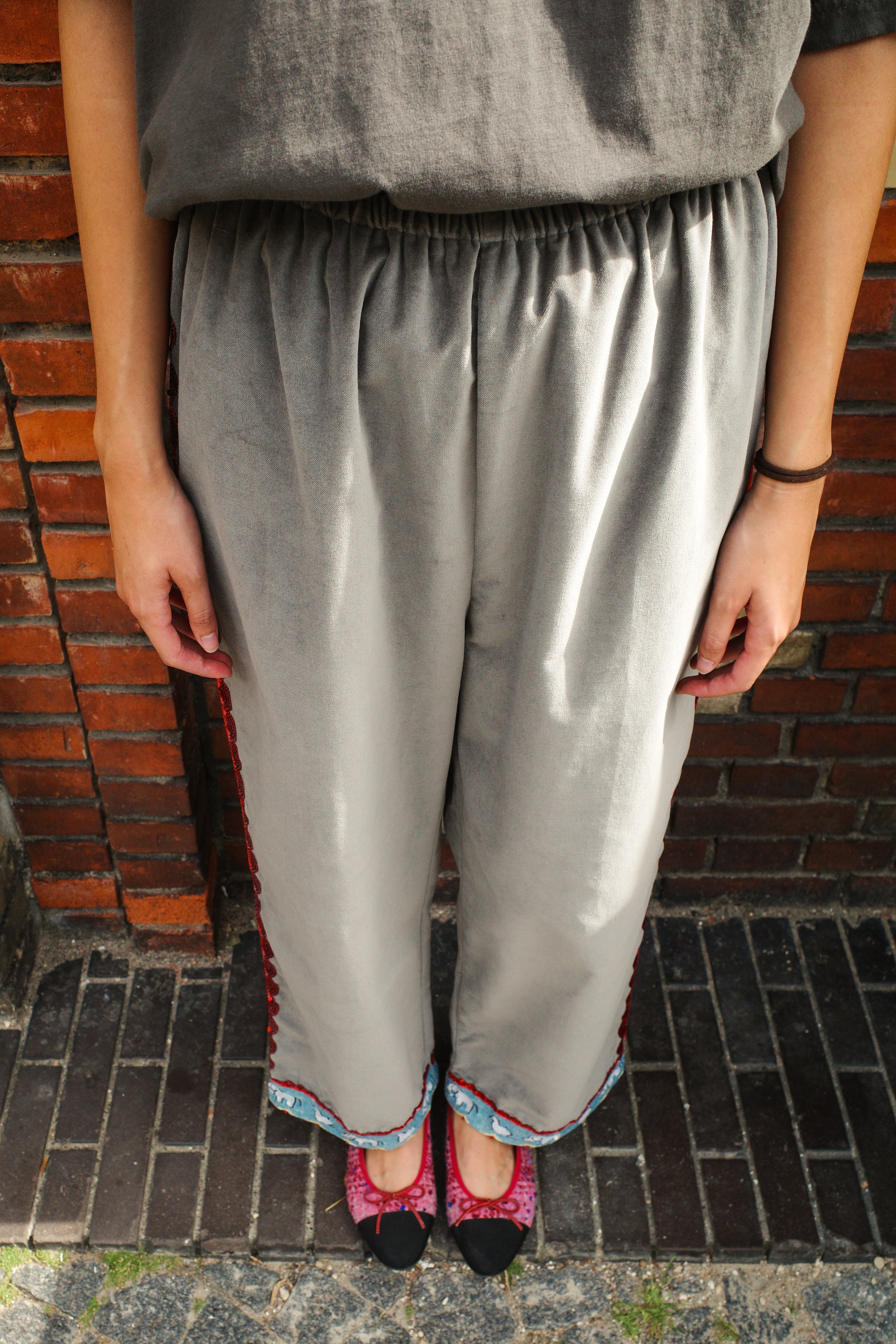 Coco Pants - Grey Velvet with Red Details