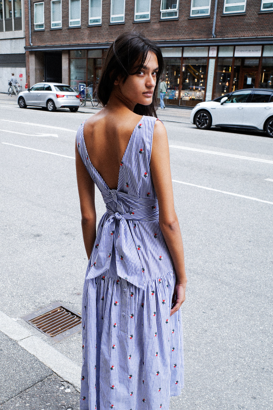 Sonya Dress - Blue White Stripe w. Flower