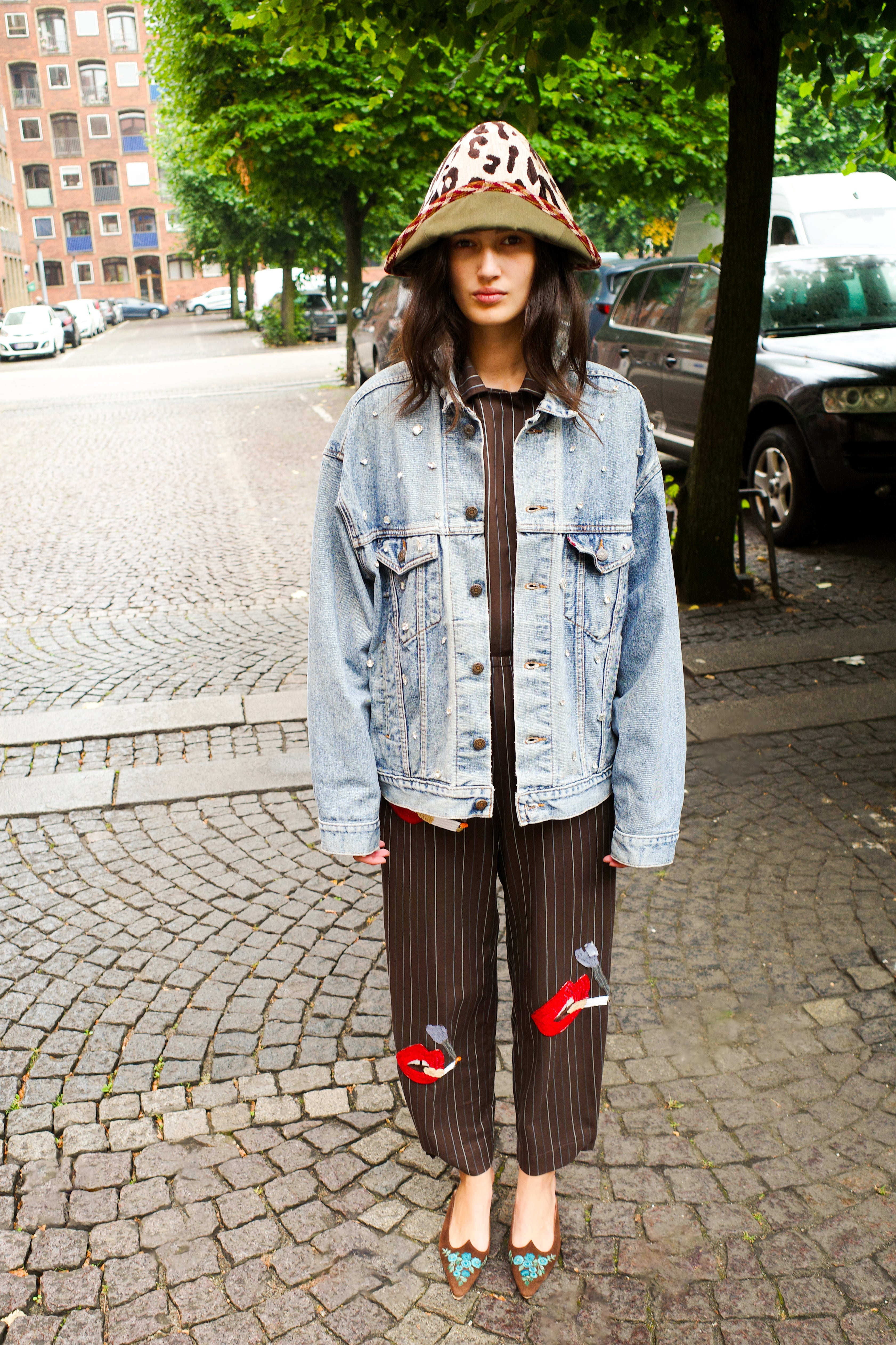 Upcycled Denim Jacket - Red Lips Smoking