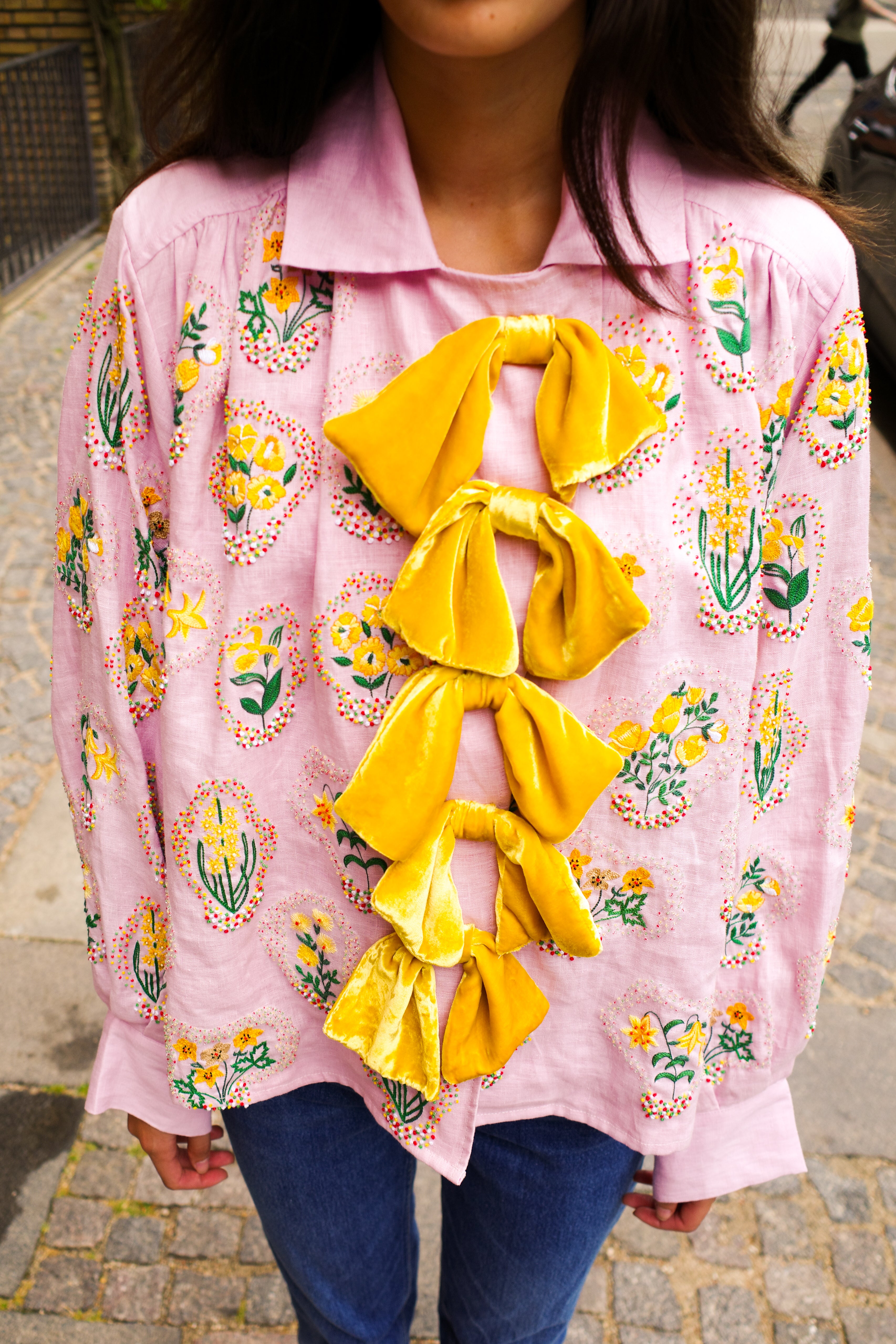 Bonsai Shirt - Pale Pink with Yellow Flowers and Velvet Bows