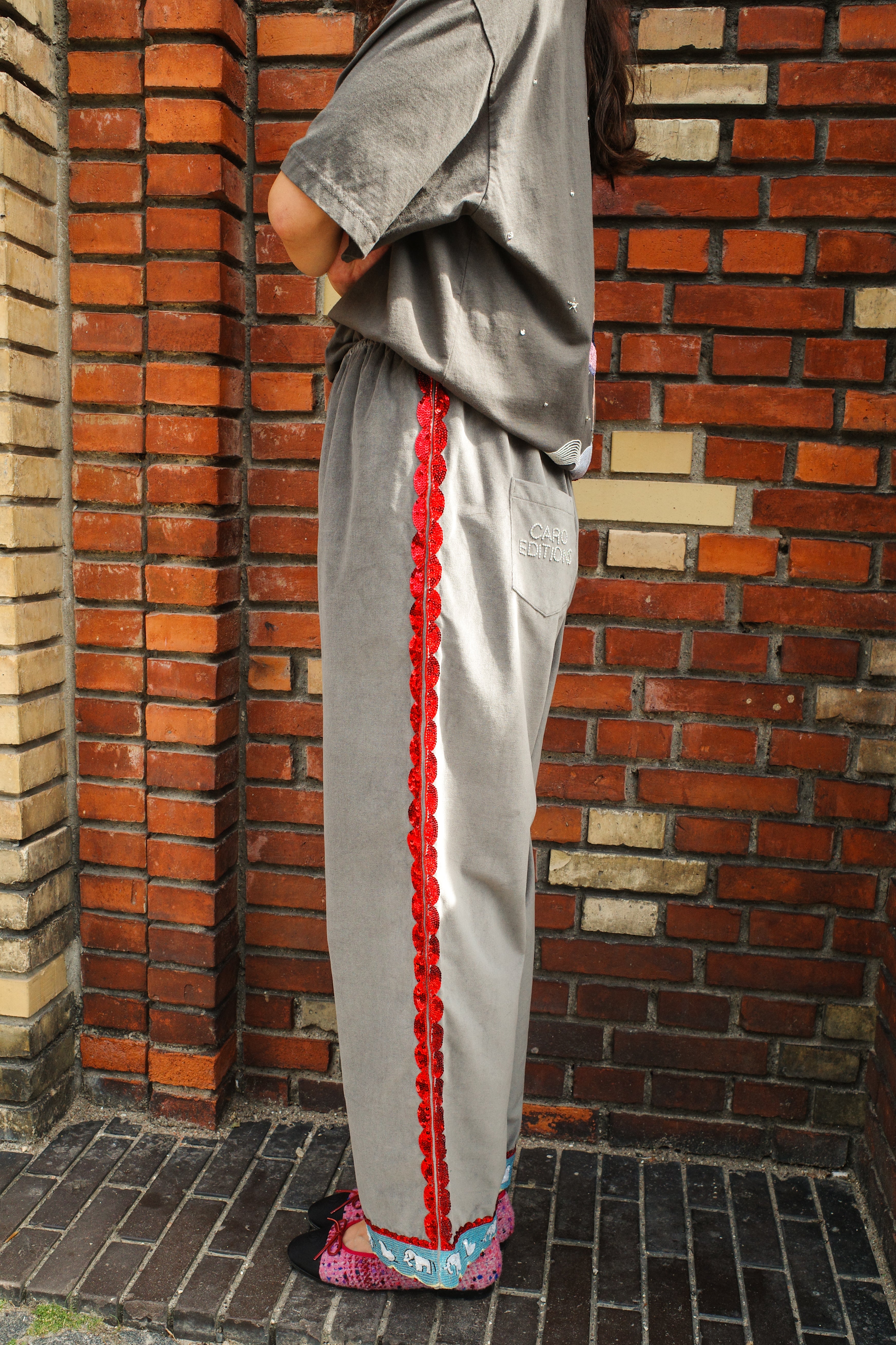 Coco Pants - Grey Velvet with Red Details