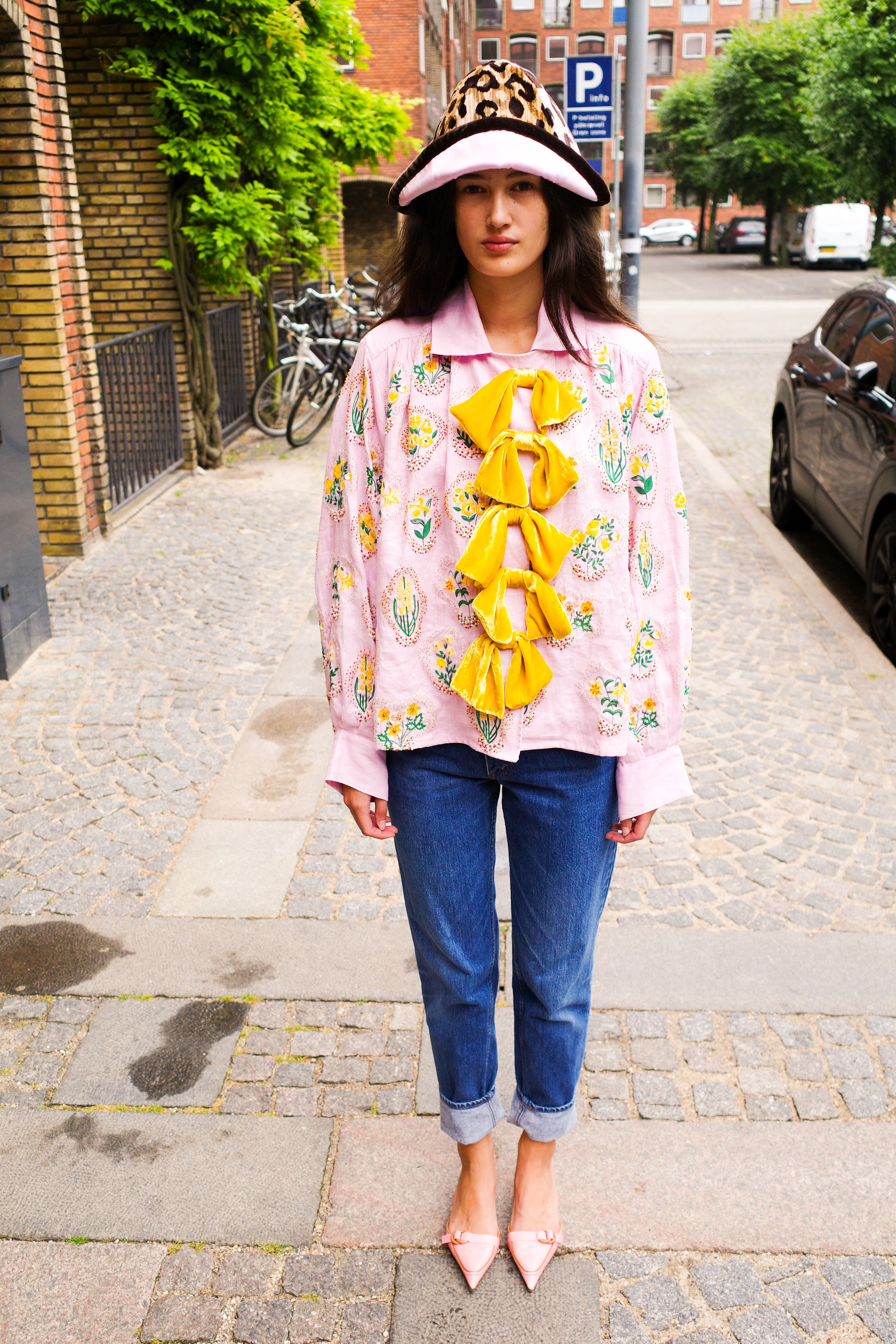 Bonsai Shirt - Pale Pink with Yellow Flowers and Velvet Bows