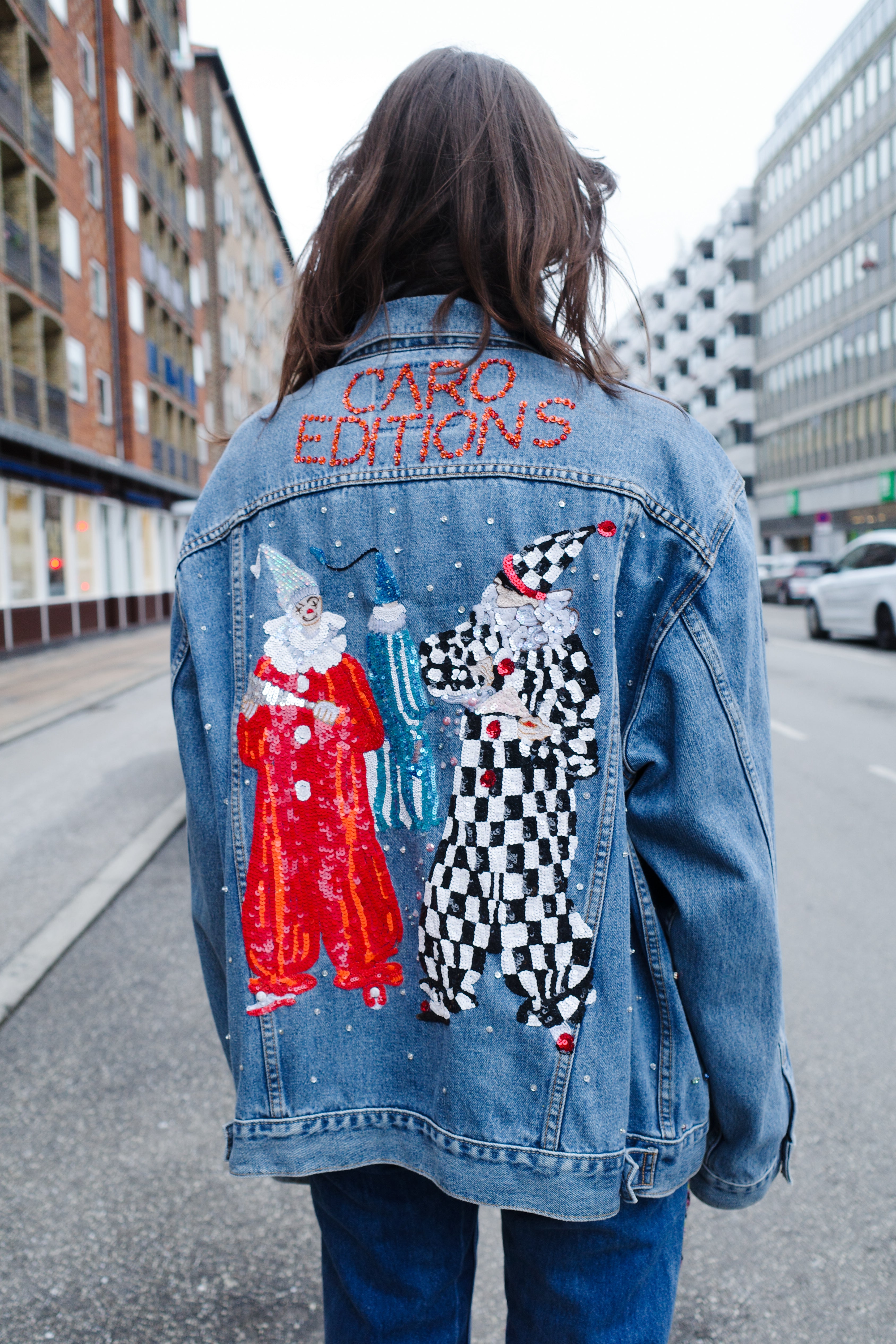 Upcycled Denim Jacket - Circus Clowns