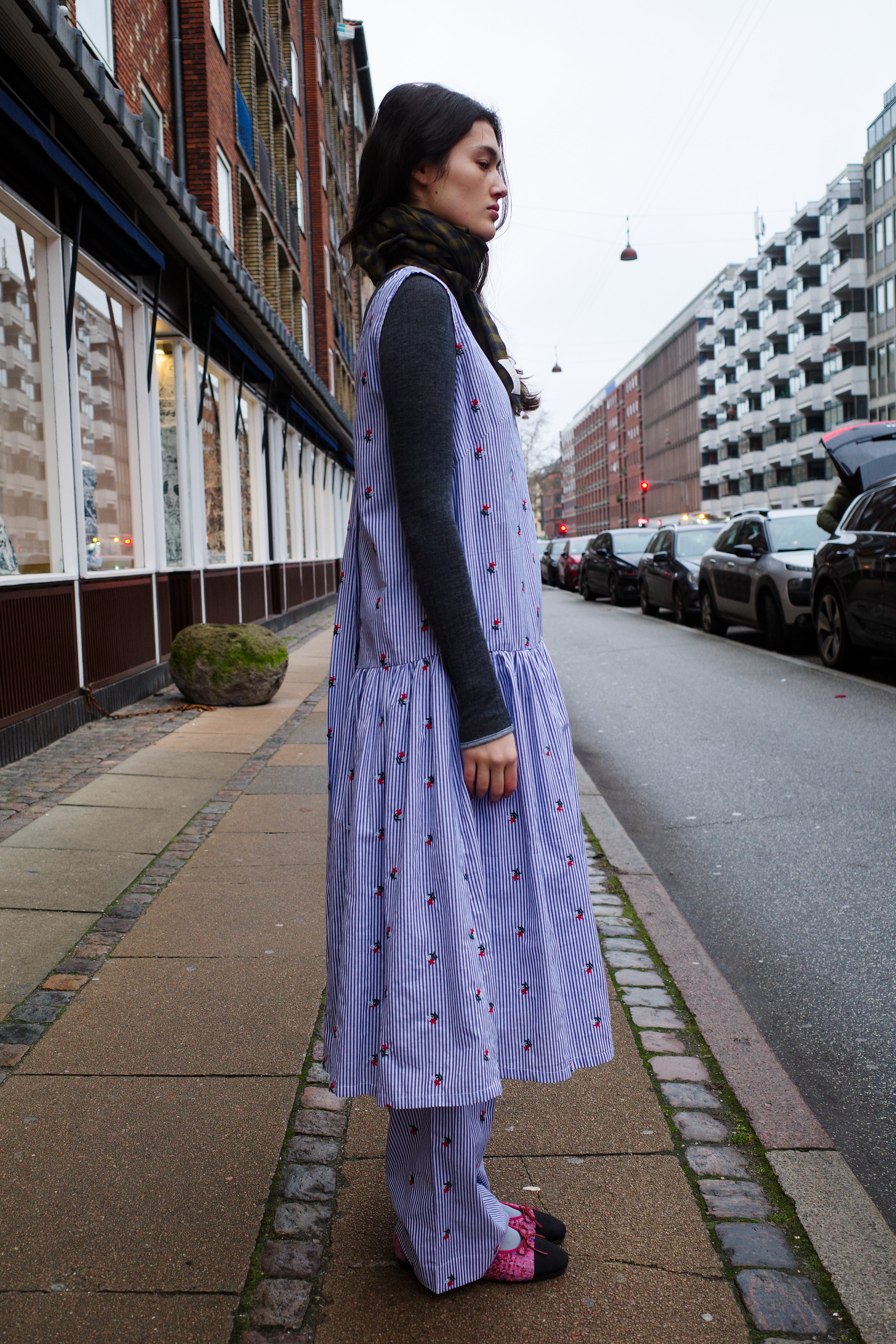 Sonya Dress - Blue White Stripe w. Flower