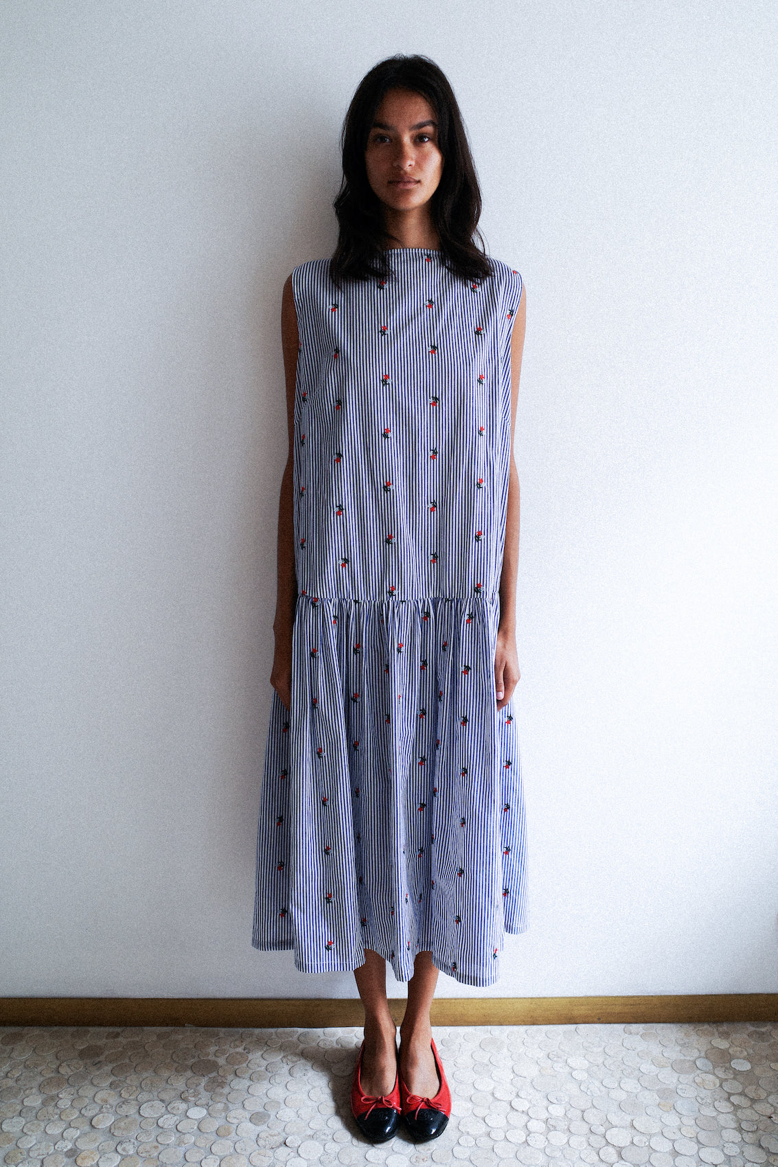 Sonya Dress - Blue White Stripe w. Flower