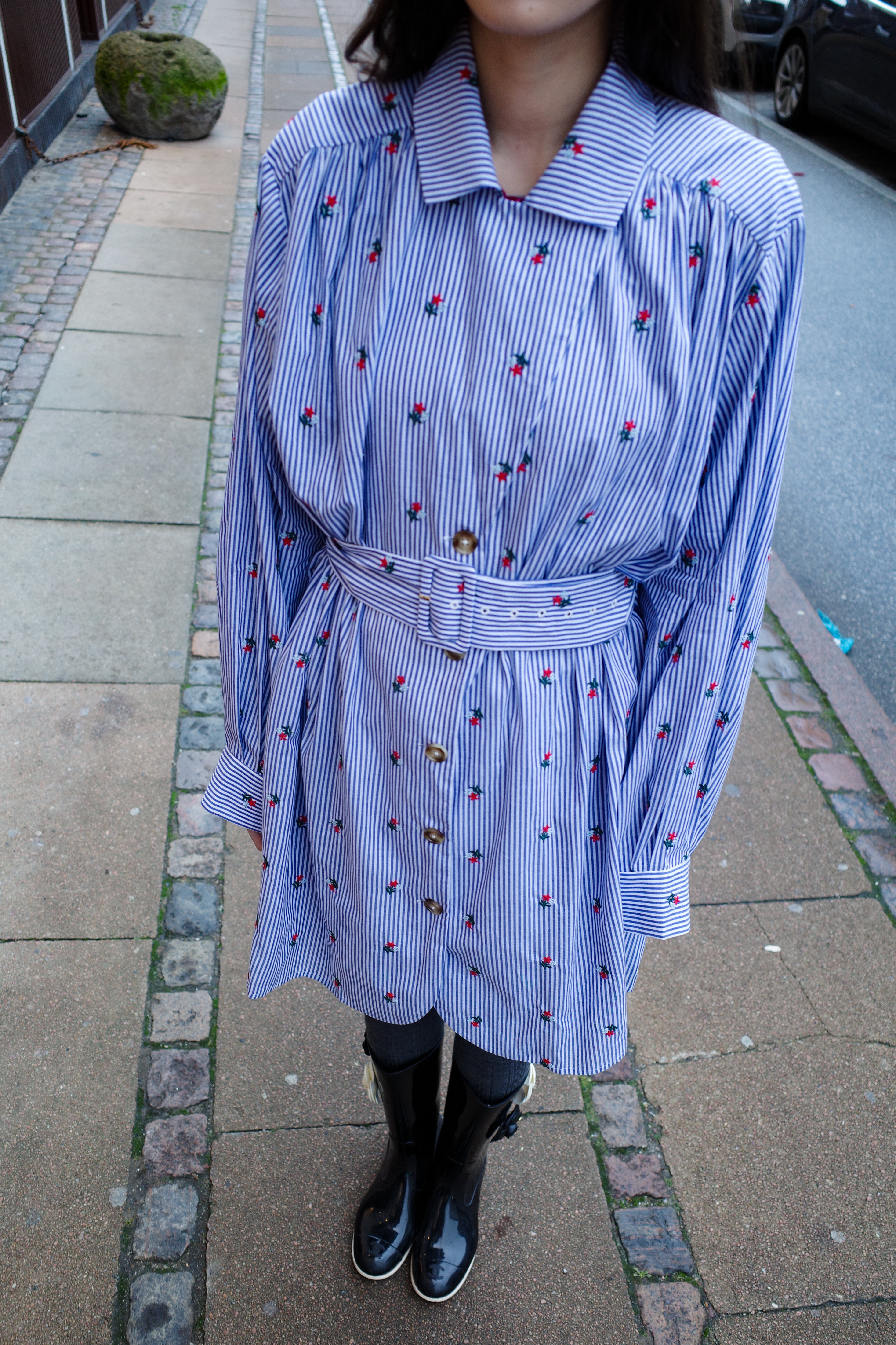 Bonsai Dress - Blue White Stripe w. Flower