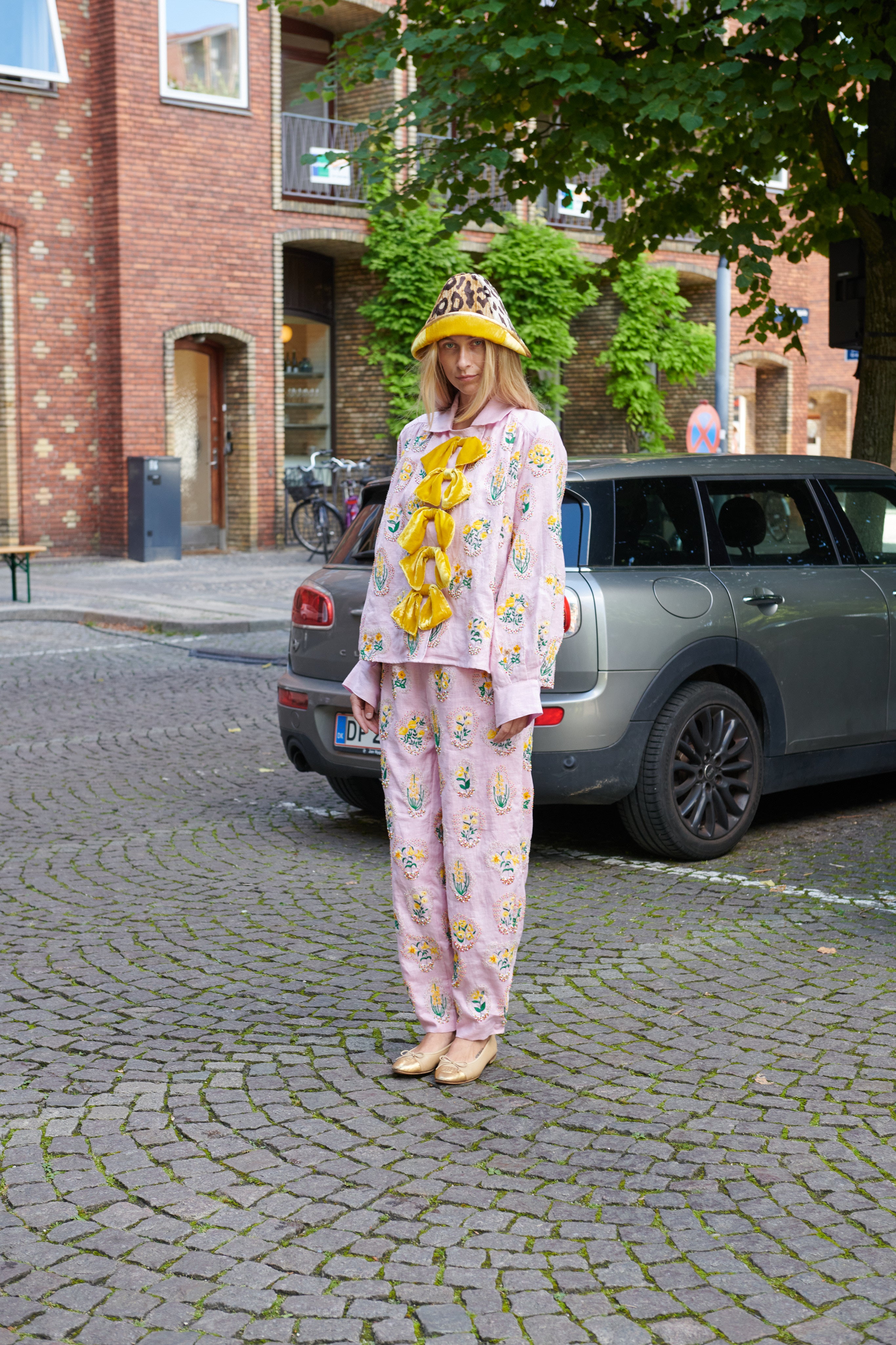 Bonsai Shirt - Pale Pink with Yellow Flowers and Velvet Bows