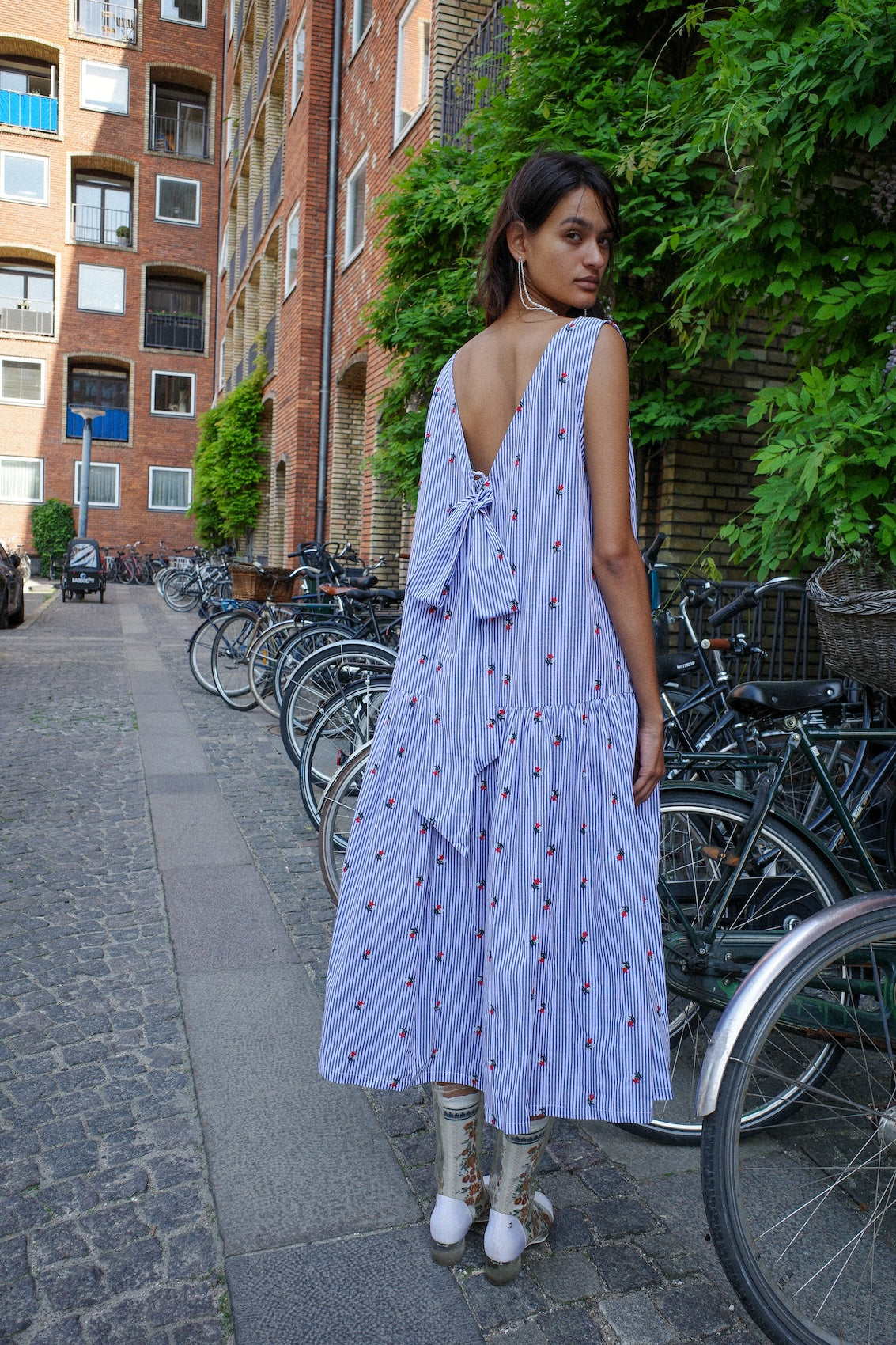 Sonya Dress - Blue White Stripe w. Flower