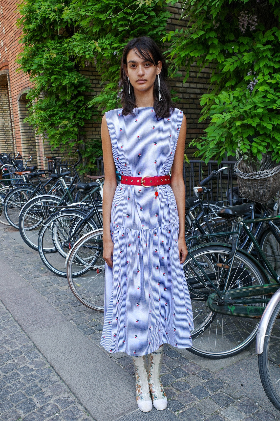 Sonya Dress - Blue White Stripe w. Flower