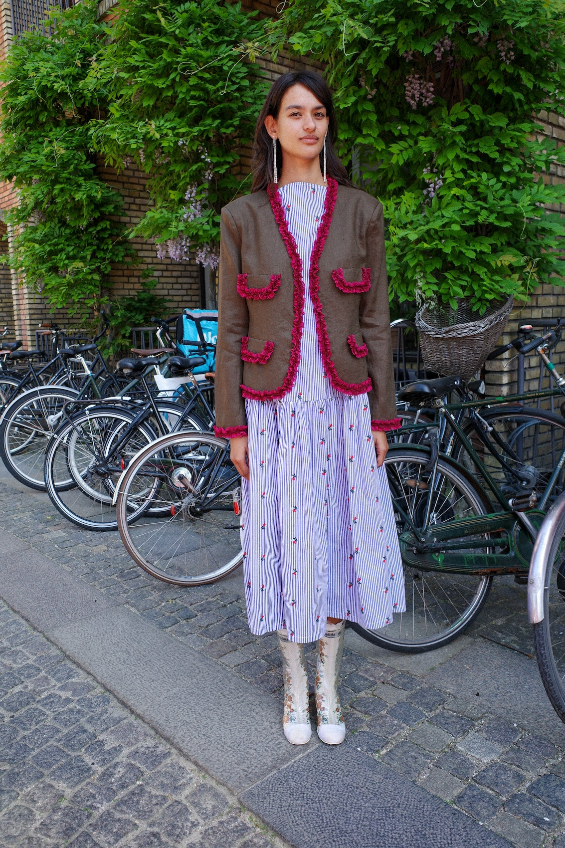 Sonya Dress - Blue White Stripe w. Flower